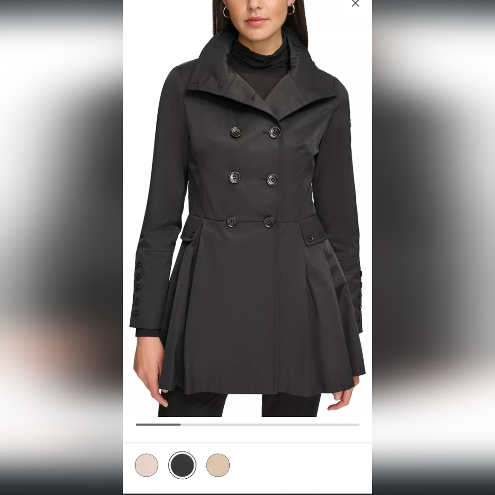 Calvin Klein Black Double-Breasted Fit-and-Flare Trench Coat